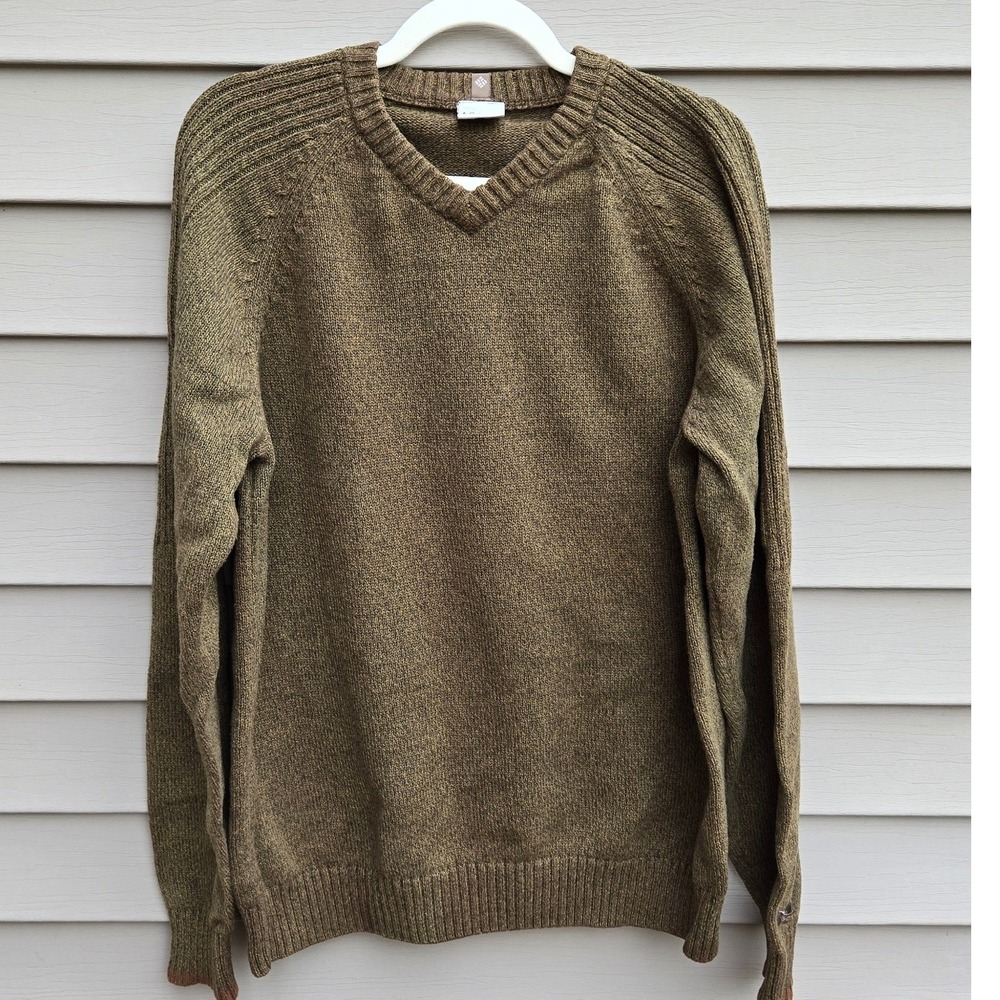Columbia Mens Olive Green V-Neck 100% Cotton Knit Sweater Large